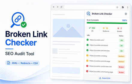 Broken Link Checker scan results — 123 OK, 18 redirects, 7 broken links, with CSV export