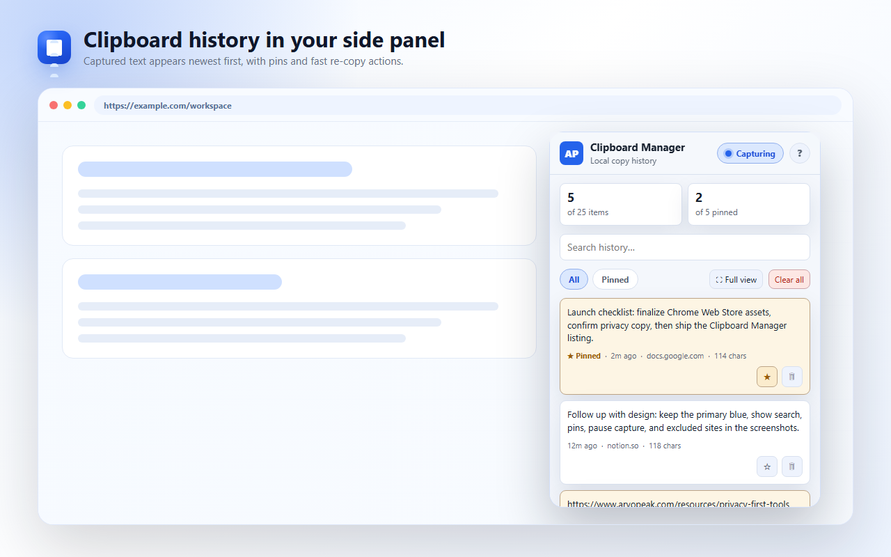 Clipboard history in your side panel — captured text appears newest first, with pins and fast re-copy actions