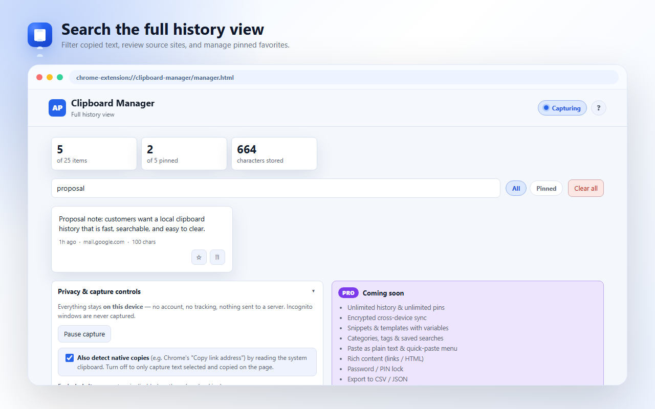 Search the full history view — filter copied text, review source sites, and manage pinned favorites