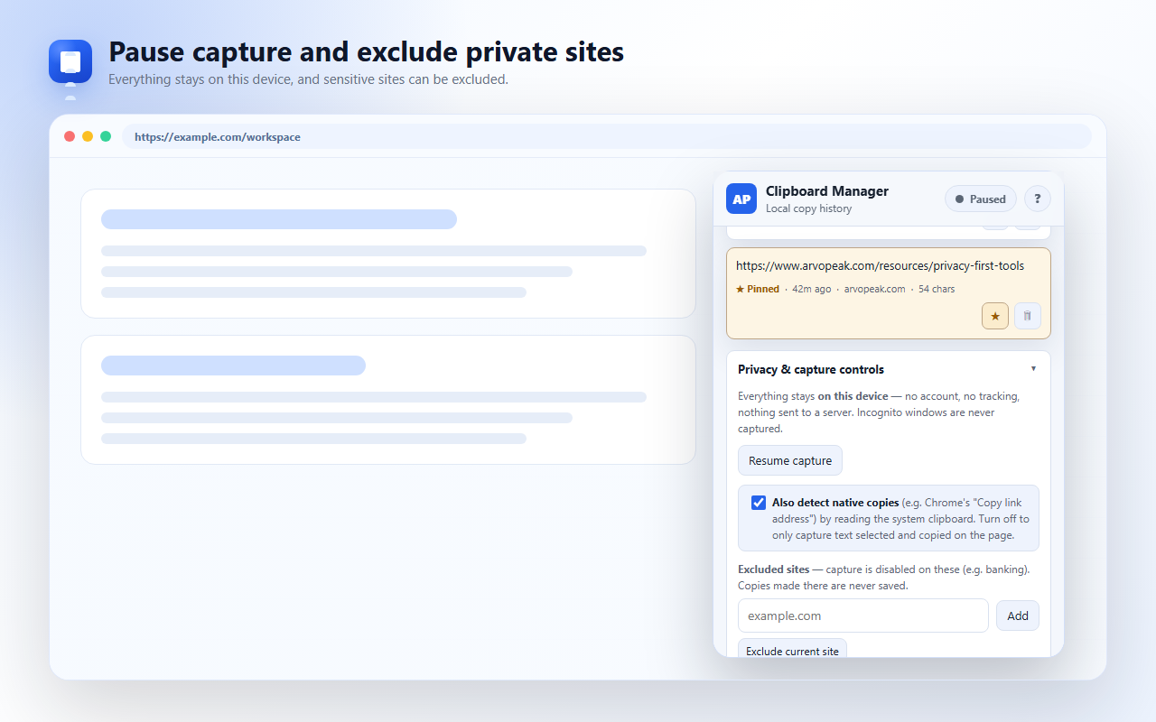 Pause capture and exclude private sites — everything stays on this device