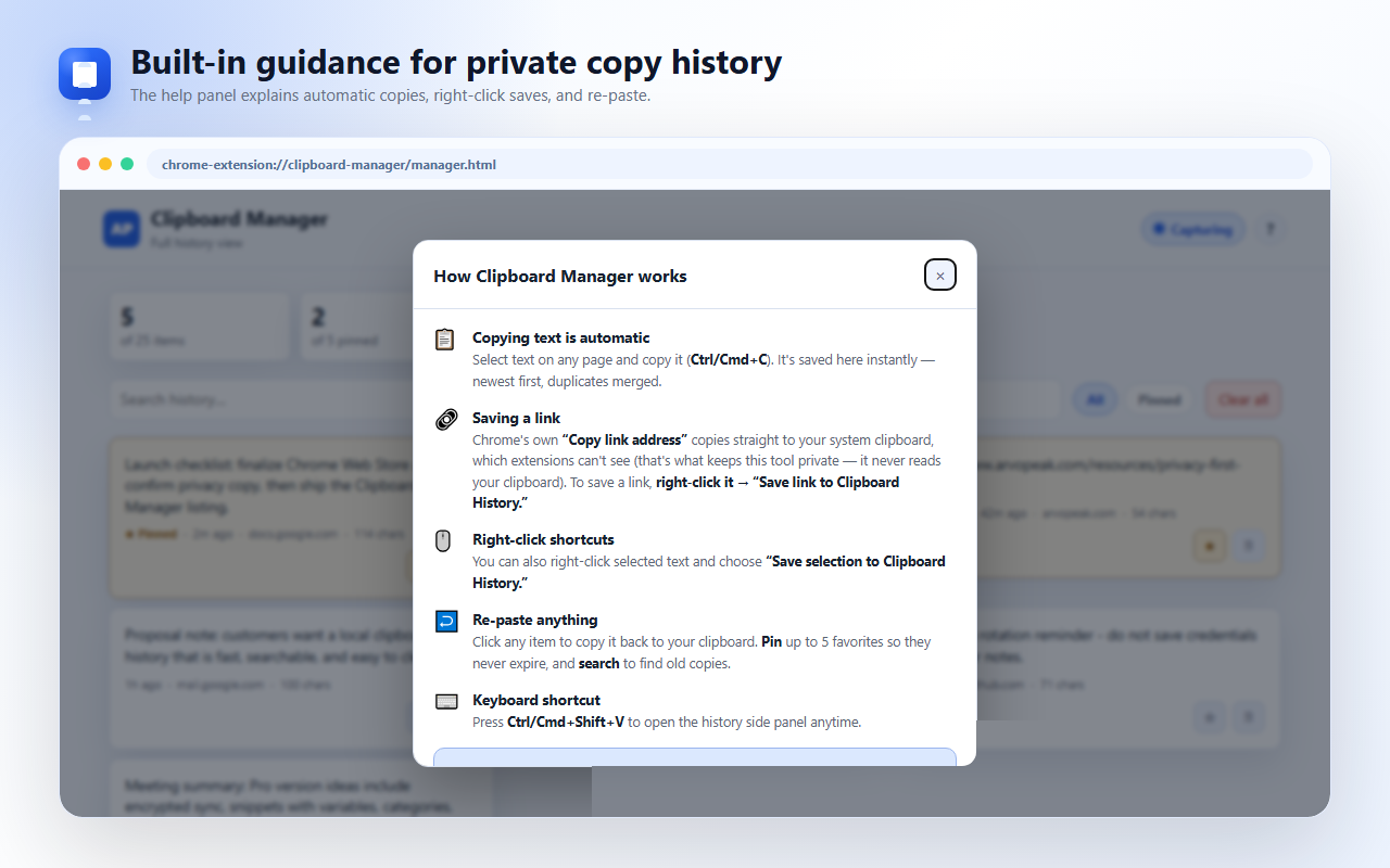 Built-in guidance explains automatic copies, right-click saves, and re-paste