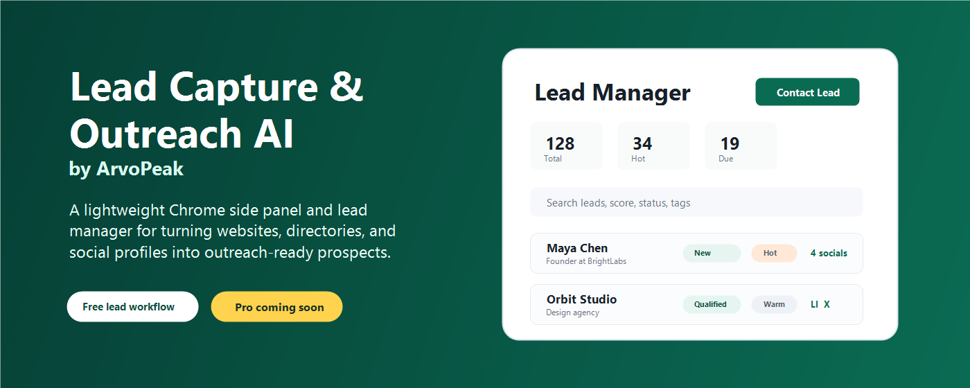 Lead Capture & Outreach AI — capture and manage leads in a Chrome side panel
