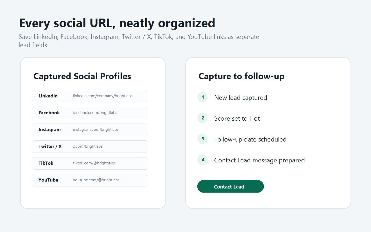 Every social URL, neatly organized into separate lead fields